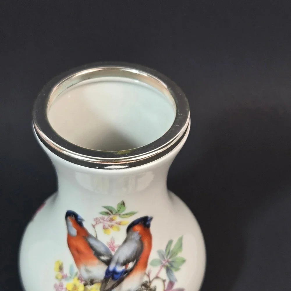 WMF Porzellan Germany Bird Vase Bullfinch Floral White Porcelain Silver Rim 6